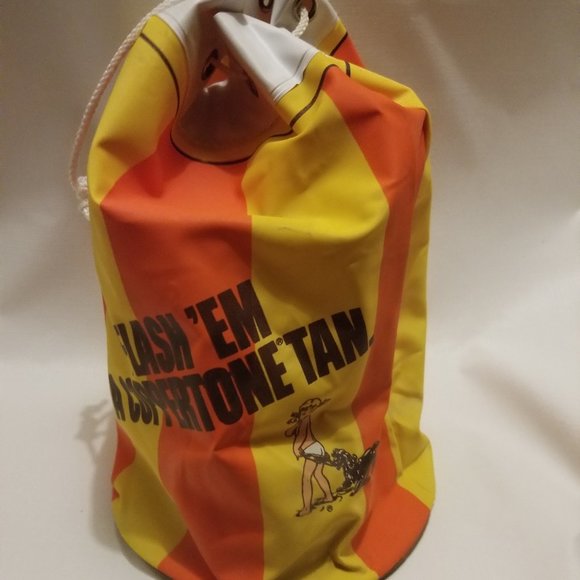 vtg orange & yellow striped vinyl bag w girl & dog - Picture 5 of 14